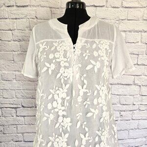 Gracila Women's White Floral Embroidered Blouse Large